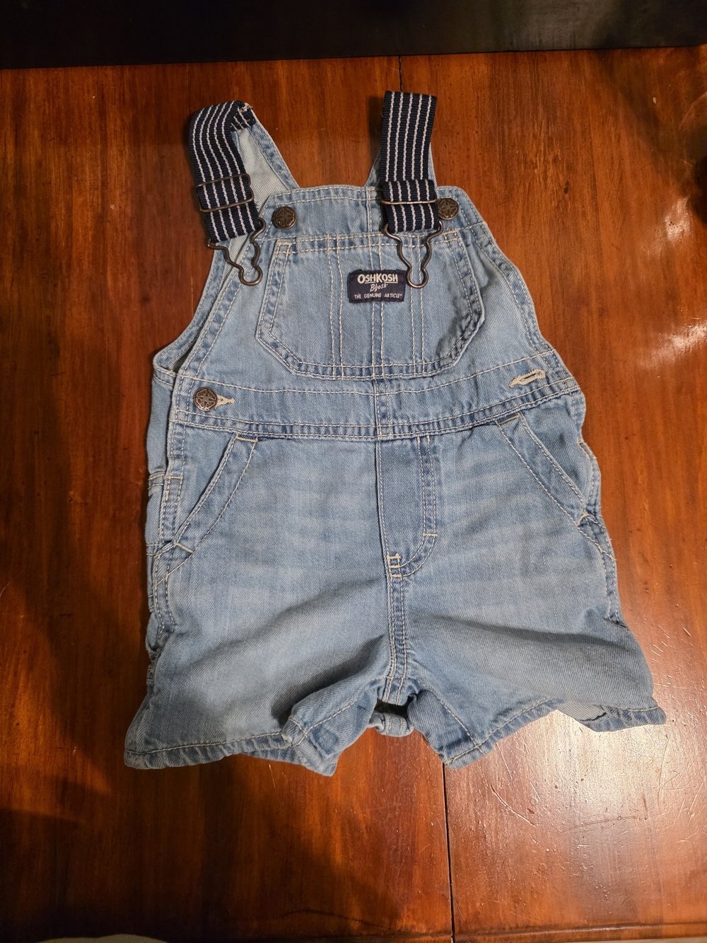 OshKosh B'gosh Light Blue Denim Shortall Overalls with Striped Navy Straps